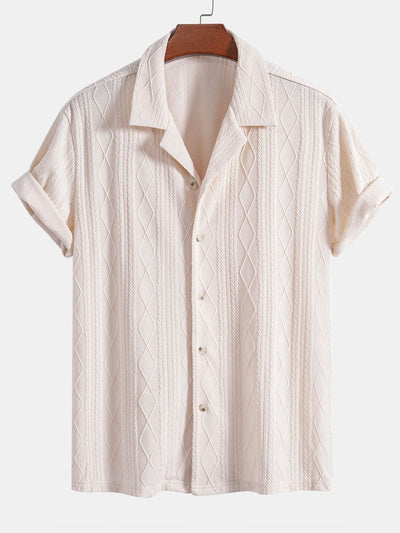 Knitted Geometric Rhombus Jacquard Cuban Shirt & Straight Leg Linen Pants