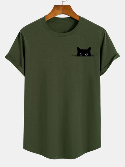 Black Cat Print Cotton Arc Hem T-Shirt