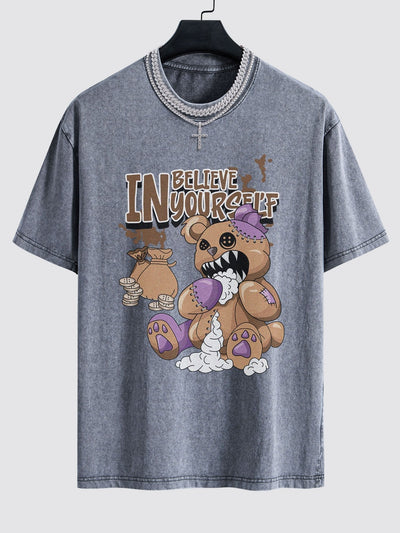 Violent Bear Slogan Print Washed Drop Shoulder Oversize T-Shirt