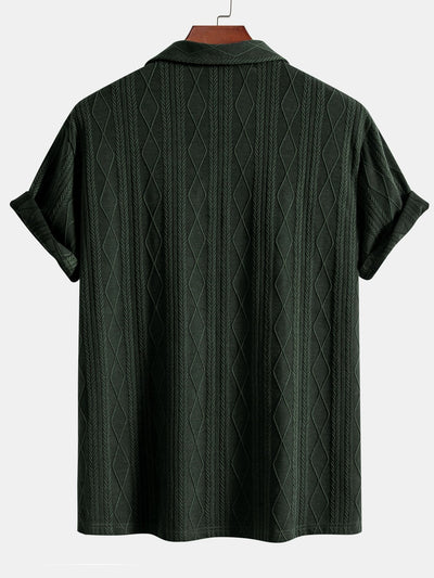 Knitted Geometric Rhombus Jacquard Cuban Shirt & Straight Leg Linen Pants