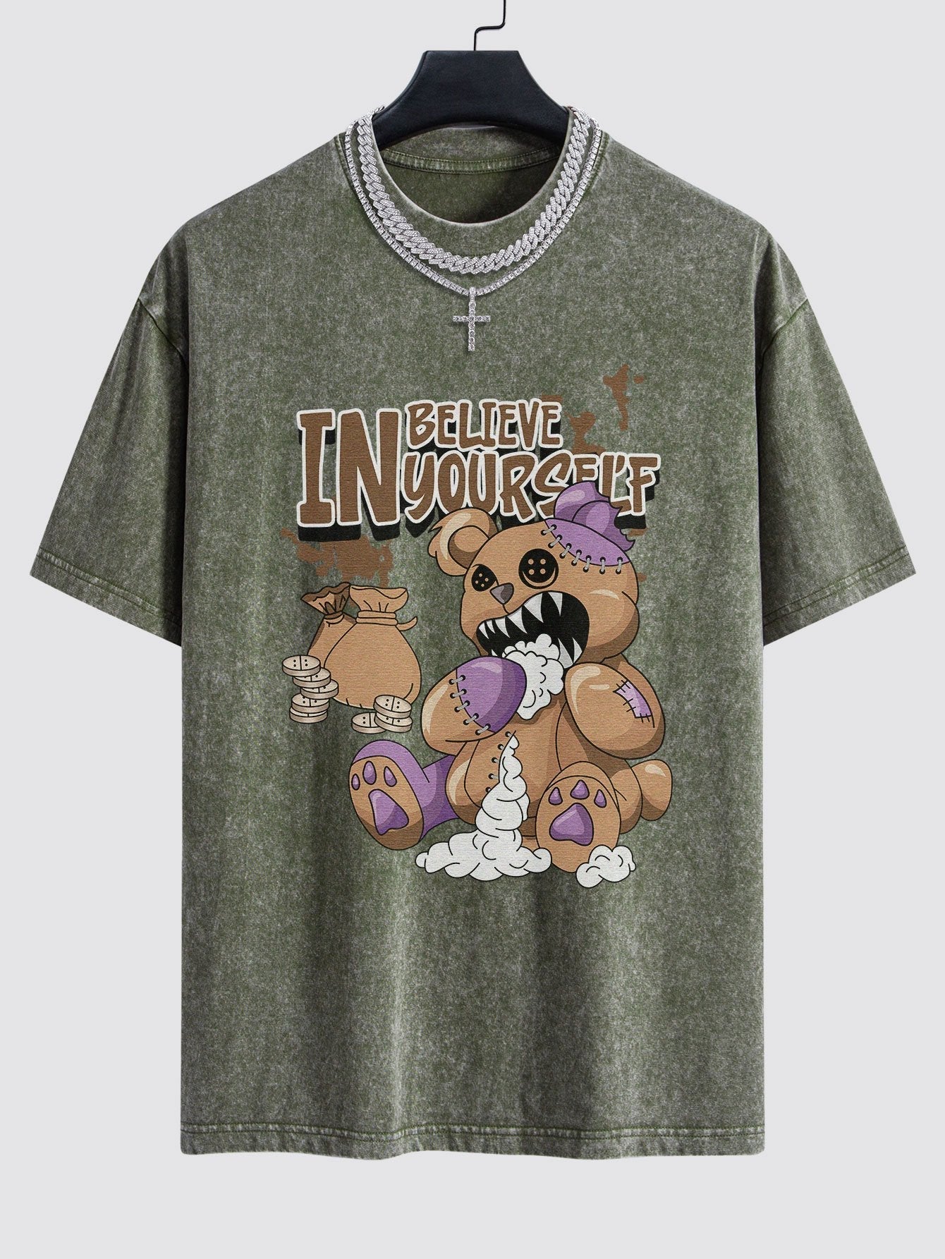 Violent Bear Slogan Print Washed Drop Shoulder Oversize T-Shirt