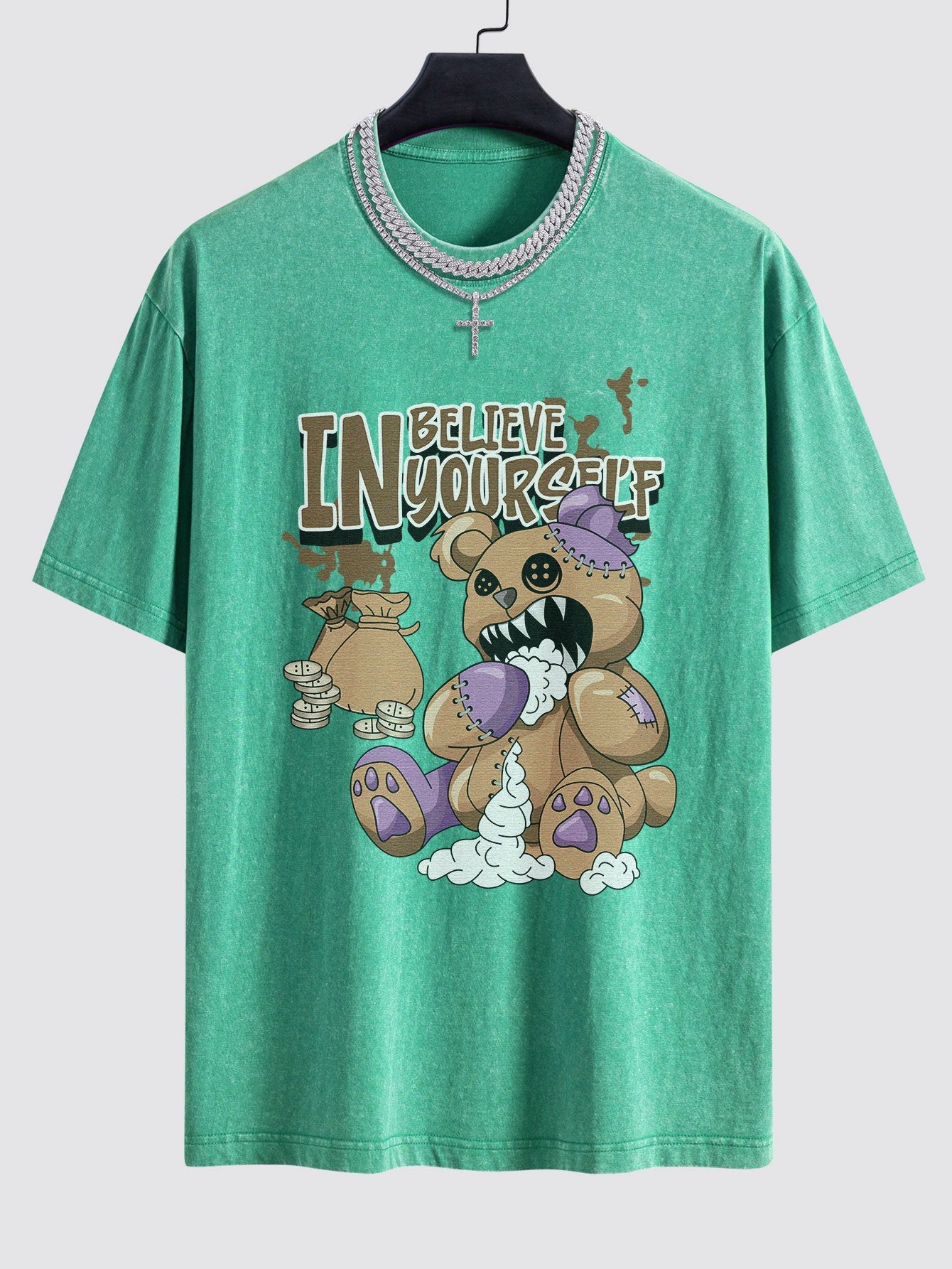 Violent Bear Slogan Print Washed Drop Shoulder Oversize T-Shirt