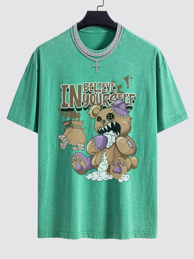 Violent Bear Slogan Print Washed Drop Shoulder Oversize T-Shirt