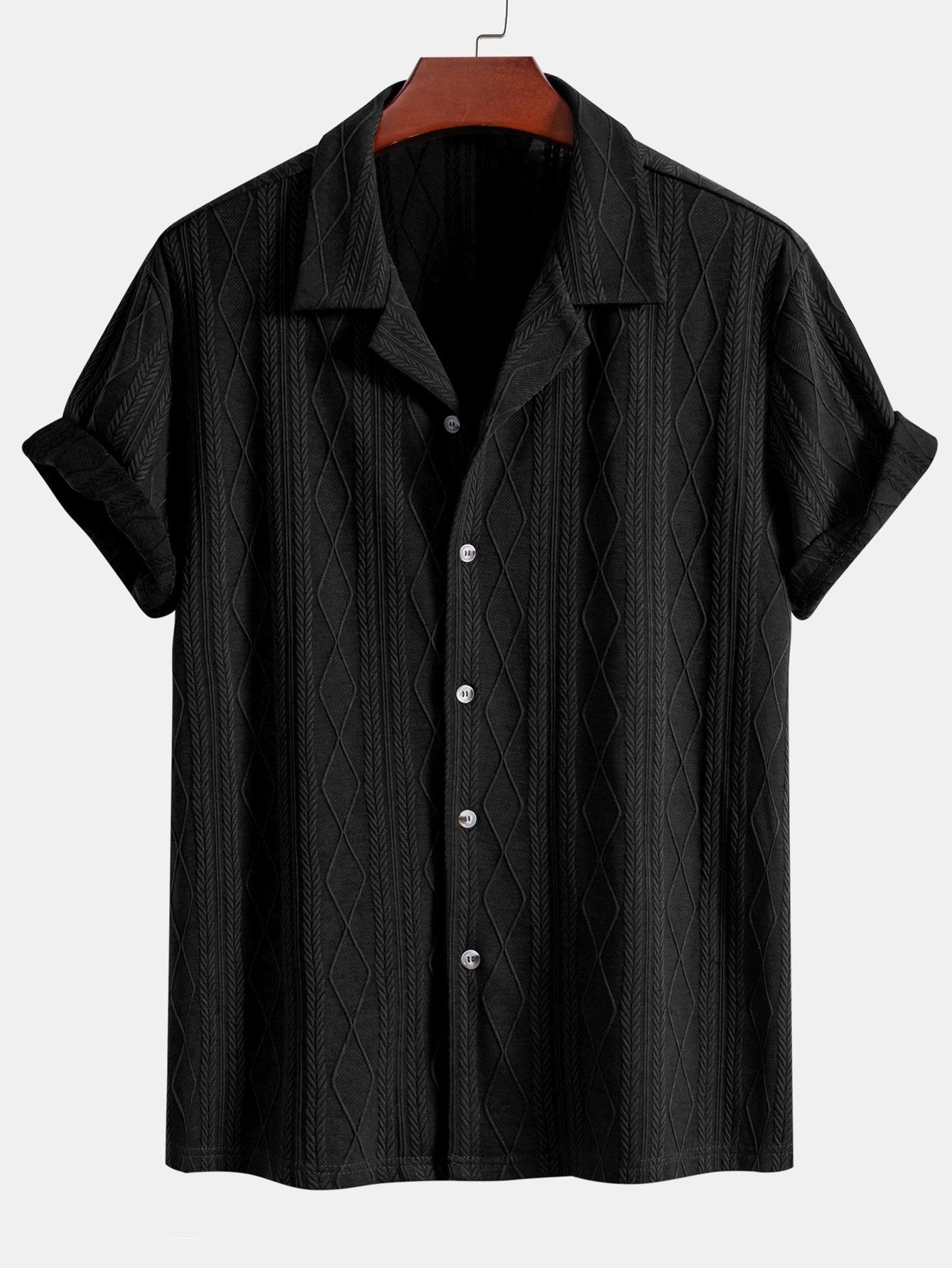 Knitted Geometric Rhombus Jacquard Cuban Shirt & Straight Leg Linen Pants