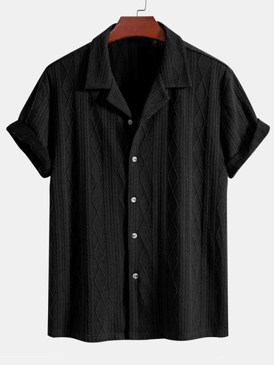 Knitted Geometric Rhombus Jacquard Cuban Shirt & Straight Leg Linen Pants