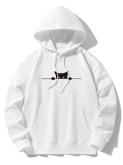 Black Cat Print Drop Shoulder Relaxed Hoodie