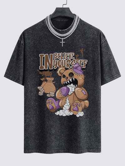 Violent Bear Slogan Print Washed Drop Shoulder Oversize T-Shirt
