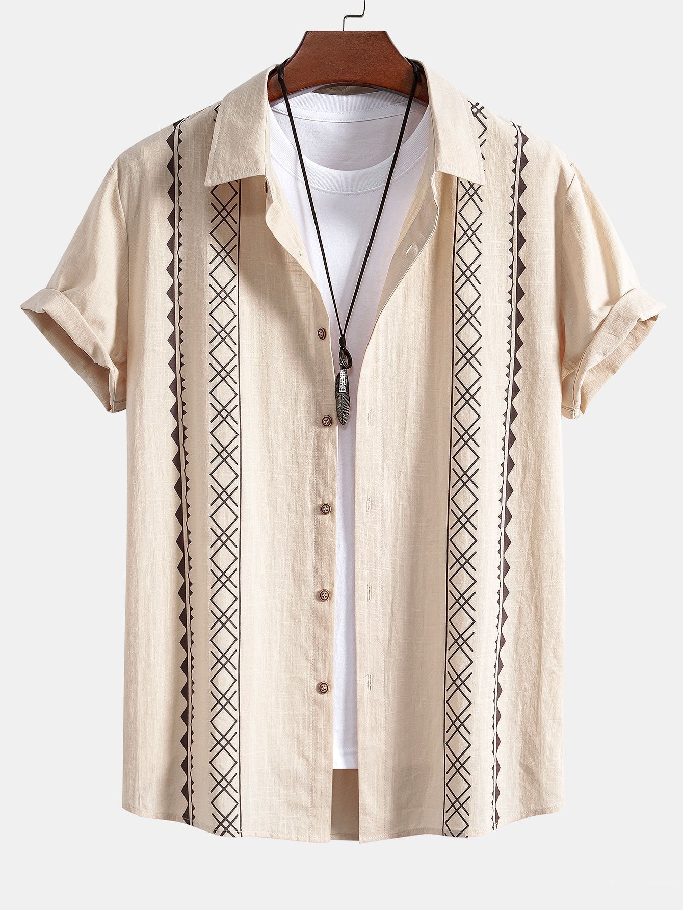 Geometrische Print Linnen Look Shirt & Rechte Pijpen Linnen Broek