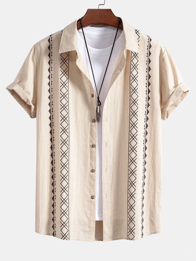 Geometrische Print Linnen Look Shirt & Rechte Pijpen Linnen Broek