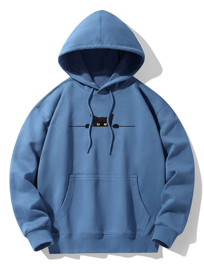 Black Cat Print Drop Shoulder Relaxed Hoodie