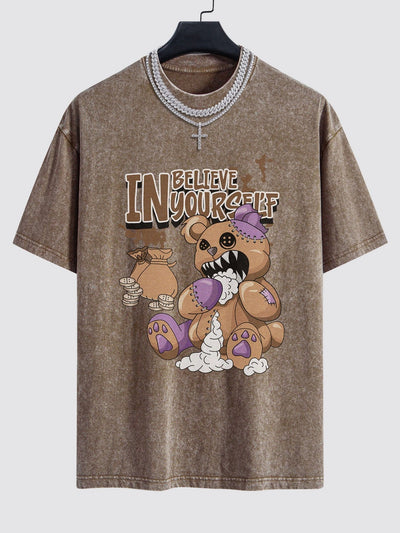 Violent Bear Slogan Print Washed Drop Shoulder Oversize T-Shirt