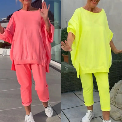 ⏳Begrenzte Zeit 50% Rabatt💥🥰 Rundhalsausschnitt mit Schlitz. Fluoreszierender Freizeitanzug für Damen