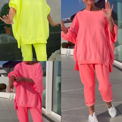 ⏳Begrenzte Zeit 50% Rabatt💥🥰 Rundhalsausschnitt mit Schlitz. Fluoreszierender Freizeitanzug für Damen